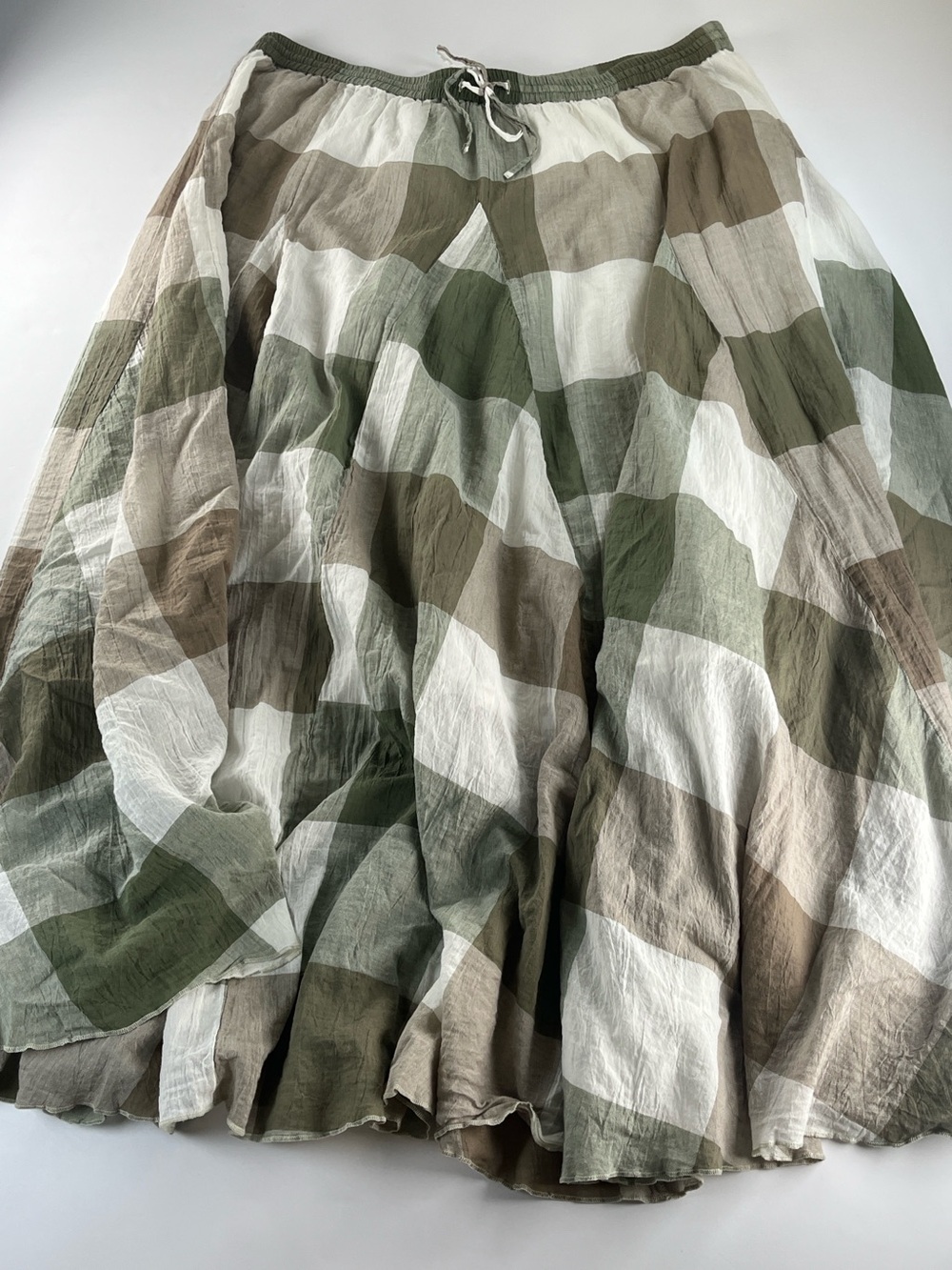 Coldwater Creek Olive, Tan and White Flowy Boho Skirt with Drawstring Waist SzXL